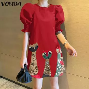 VONDA женское летнее пышное платье с круглым вырезом и коротким рукавом с животным принтом на талии