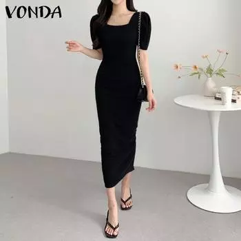 VONDA Женское летнее свободное длинное платье с квадратным вырезом и коротким рукавом на талии