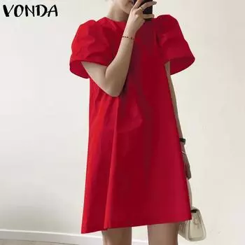 VONDA женское летнее свободное короткое платье с круглым вырезом и короткими рукавами
