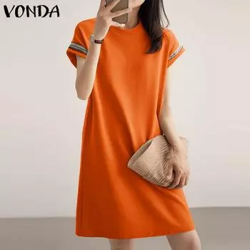 VONDA женское летнее свободное платье с круглым вырезом и короткими рукавами, сплошное цветное платье с лентой 4XL ярко-розовый