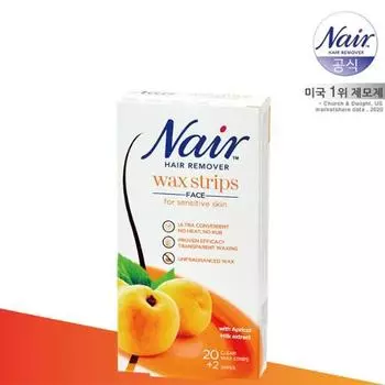 Восковые полоски для удаления волос на лице Nair Sensitive, 20 листов + салфетки для финишной обработки, 2 листа (прозрачные односторонние полоски)