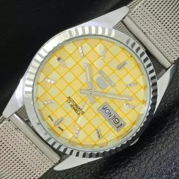 ВОССТАНОВЛЕННЫЕ МУЖСКИЕ ЧАСЫ SEIKO 5 AUTOMATIC, СДЕЛАНО В ЯПОНИИ, ЖЕЛТЫЙ ЦИФЕРБЛАТ, ИЗГОТОВЛЕНЫ НА ЗАКАЗ a440003-2 QV90-a440003