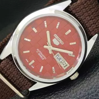 ВОССТАНОВЛЕННЫЕ МУЖСКИЕ ЧАСЫ SEIKO 5 AUTOMATIC, СДЕЛАНО В ЯПОНИИ, КРАСНЫЙ ЦИФЕРБЛАТ, ИЗГОТОВЛЕНЫ НА ЗАКАЗ a440096-2 QV90-a440096