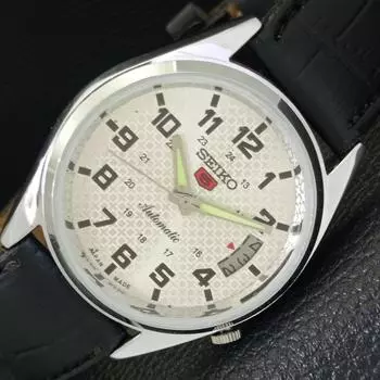ВОССТАНОВЛЕННЫЕ ВИНТАЖНЫЕ АВТОМАТИЧЕСКИЕ МУЖСКИЕ ЧАСЫ SEIKO 5 JAPAN СЕРЕБРЯНЫЙ ЦИФЕРБЛАТ a435105-2 R122-a435105