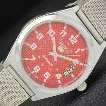 ВОССТАНОВЛЕННЫЕ ВИНТАЖНЫЕ МУЖСКИЕ ЧАСЫ SEIKO 5 AUTOMATIC JAPAN С КРАСНЫМ ЦИФЕРБЛАТОМ И ДАТОЙ a433939-2 R119-a433939