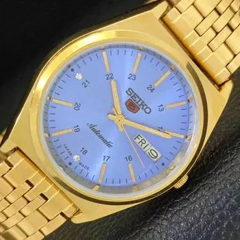 ВОССТАНОВЛЕННЫЕ ВИНТАЖНЫЕ МУЖСКИЕ ЧАСЫ SEIKO 5 AUTOMATIC JAPAN С ЦИФЕРБЛАТОМ НЕБЕСНО-ГОЛУБОГО ЦИФЕРБЛАТА a434699-2 R121-a434699