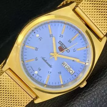 ВОССТАНОВЛЕННЫЕ ВИНТАЖНЫЕ МУЖСКИЕ ЧАСЫ SEIKO 5 AUTOMATIC JAPAN С ЦИФЕРБЛАТОМ НЕБЕСНО-ГОЛУБОГО ЦИФЕРБЛАТА a434695-2 R121-a434695