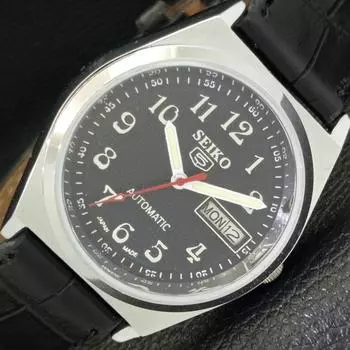 ВОССТАНОВЛЕННЫЕ ВИНТАЖНЫЕ МУЖСКИЕ ЧАСЫ SEIKO 5 AUTOMATIC JAPAN С ЧЕРНЫМ ЦИФЕРБЛАТОМ a435120-2 R122-a435120