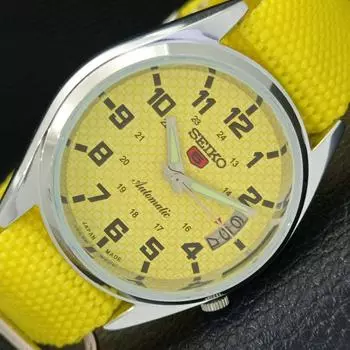 ВОССТАНОВЛЕННЫЕ ВИНТАЖНЫЕ МУЖСКИЕ ЧАСЫ SEIKO 5 AUTOMATIC JAPAN С ЖЕЛТЫМ ЦИФЕРБЛАТОМ a435100-2 R122-a435100