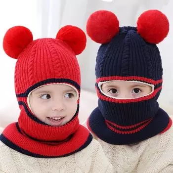 Вязаная шапка для ребенка 2-5 лет, зимняя, толстая, теплая, шерстяная шапка, маска, шарф, цельная