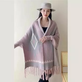 Вязаный кардиган шаль куртка женская ранняя осень снаружи с кондиционером накидка расколотая вилка туризм этническая шаль накидка One Size хаки