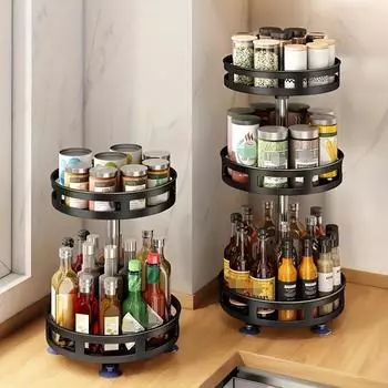 Вращающаяся на 360° стойка для хранения специй, экономящая место на кухне, держатель для приправ из углеродистой стали, регулируемая многофункциональная угловая стойка
