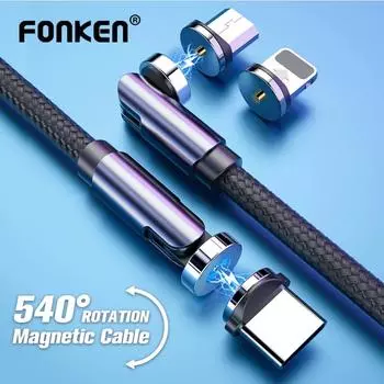 FONKEN 540o Вращение Магнитный кабель Micro USB Магнитное зарядное устройство Кабель Вращающийся USB Тип C Магнит Кабель для iPhone Xiaomi Samsung Cord 1M Cable+Micro USB Plug чёрный