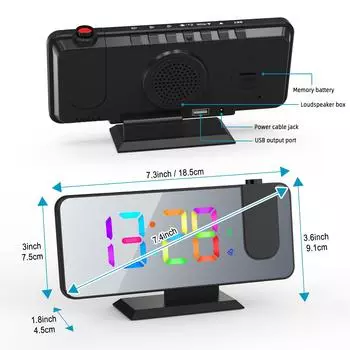 Вращение на 180°, светодиодный цифровой проекционный будильник, USB электронный потолочный проектор, будильник для спальни, прикроватные настольные часы белый