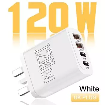 Всего 120 Вт 4 порта USB Type C зарядное устройство быстрая зарядка мобильный телефон адаптер для iPhone Samsung Xiaomi быстрая зарядка 3.0 настенное зарядное устройство UK White