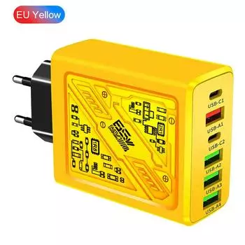 Всего 65 Вт 6 в 1 4 USB 2 Type C 3.1A быстрая зарядка быстрое настенное зарядное устройство для iPhone Samsung Xiaomi Oppo мобильный телефон адаптер EU Plug Yellow
