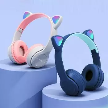 Вспышка с милыми кошачьими ушками BT, беспроводные наушники Com с микрофоном, светодиодный стереофонический музыкальный шлем для девочек, телефон, Bluetooth-гарнитура серый