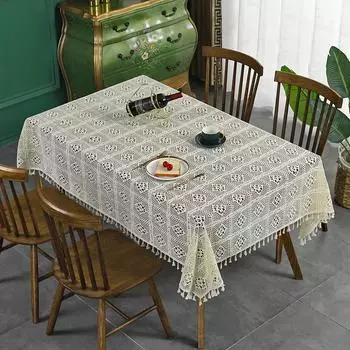 Ажурная кружевная скатерть с кисточками Пасторальная скатерть Бежевая пылезащитная скатерть Прямоугольная круглая скатерть 90x90cm бежевый