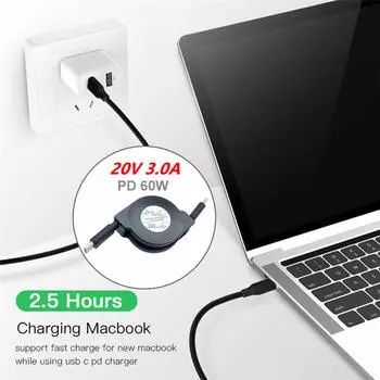 Выдвижной кабель передачи данных PD 60 Вт USB C - USB C, кабель для быстрой зарядки ноутбуков, совместимый с телефонами и планшетами Type C
