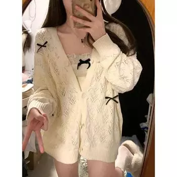 Вырез Пальто Весна Лето Сладкий Кардиган Банты Apricot 2XL [Suggested 130/75.00kg]]