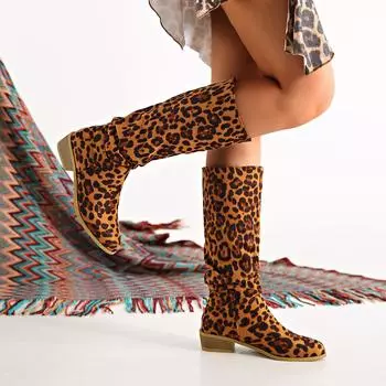 Высокие сапоги большого размера с леопардовым принтом для женщин на весну и осень 2025 года, новые сапоги на толстом каблуке с острым носком 36 цветной печати леопарда