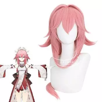 Высококачественный игровой парик для косплея Genshin Impact Yae Miko, длина 85 см, розовые термостойкие синтетические волосы, парики в стиле аниме + шапочка для парика One Size