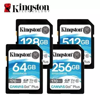 Высокоскоростная карта памяти Kingston 170 МБ/с, 64 ГБ, 128 ГБ/256 ГБ/512 ГБ SDXC Canvas Go Plus UHS-I, C10, U3, V30, 4K для зеркальных фотоаппаратов SDG3/64 ГБ/128 ГБ/256 ГБ/512 ГБ 64GBU3,V30