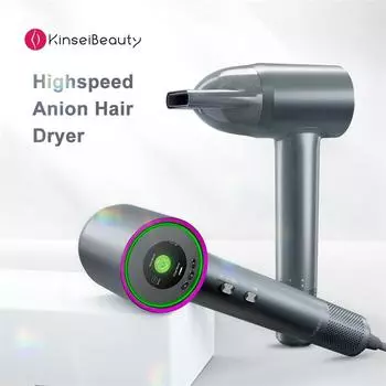 Высокоскоростной фен Kinseibeauty, 110000 об/мин, без отрицательных ионов, уход за волосами, быстросохнущий домашний фен, 5 интеллектуальных режимов, HD-экран, горячая/холодная сушка EU Plug серый