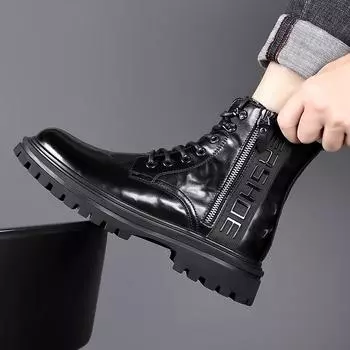 WAERTA Men s British Boots Autumn and Winter Casual High Top Leather Boots Fashion Outdoor Anti Slip Soft Sole Male Cotton Shoes 38 чёрный