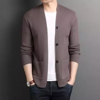 Waffle Knitted Cardigan Men s Thin, Spring and Autumn New Casual Young and Middle-aged Jacket Men s Sweater M хаки
