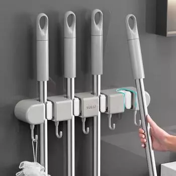 Wall Mounted Bathroom Storage Shelves Mop Holder Broom Mop Storage Shelf Rack with Hooks Multifunction Holder