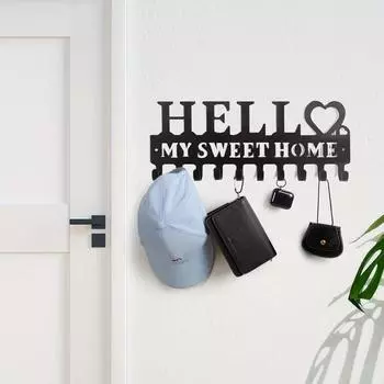 Wall Mounted Key Holder - Black Metal with Row Hooks for Decorative Wall, Doubling as Towel and Coat Rack for Storage чёрный