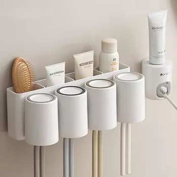 Wall Mounted Toothbrush Holder With Squeezer Perforation-free Bathroom Shelf Mouthwash Cup Toothbrush Holder