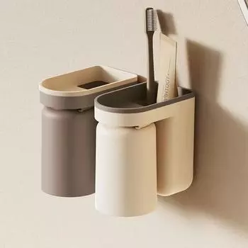 Wall Mounted Toothbrush Toothpaste Storage Holder Couple Mouth Cup Set Shelf Reverse Buckle Type Rack Bathroom Accessories коричневый