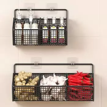 Wall Mounted Vegetable Fruit Storage Rack Punch-Free Onion Ginger Garlic Shelf Condiments White-2 Grid