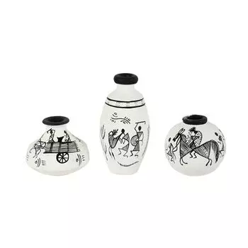 Warli Handpainted Terracotta Pots Vases for Home Decoration (Set of 3, White) Terracotta Dcor Miniature Pots Showpiece