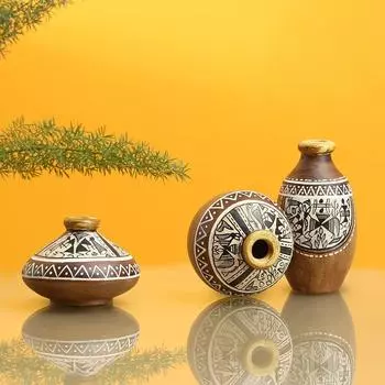 Warli Handpainted Terracotta Pots Vases for Living Room & Home Decoration (Set of 3, Brown) | Terracotta Miniature Pots Showpiece