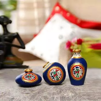 Warli Handpainted Terracotta Pots Vases for Living Room & Home Decorative (Blue, Set of 3) |Decorative Pots For Home Dcor Miniature Pots Showpiece