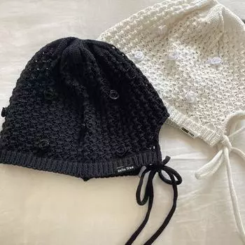 Warm Cap Rose Flower Knitted Hat Hollow Knit Cap Fashion Bowknot Beanies Hat Winter чёрный