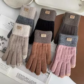 Warm Gloves for Women In Autumn and Winter Alpaca Knitted Touch Screen Outdoor Antifreeze Plus Velvet Thickening Korean Version Cute One size