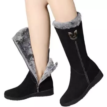Warm High Fur Boots Women Winter Women Shoes Thick Soled Mid Calf Plush Fashion Wear Resistant Casual Snow Flat Boots 35 чёрный