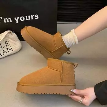 Warm short boots women s 2024 sleeve round head snow boots winter piled and thickened casual muffin bread cotton shoes 35 малиновый