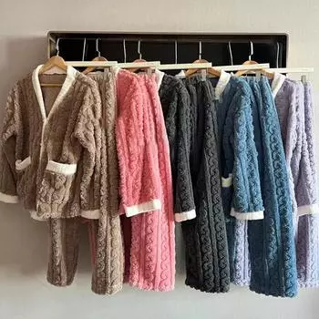 Warm Sleepwear for Winter Padded Thickening Can Be Worn Outside The Student Coral Velvet Suit Homewear Solid Colour V-Neck L фиолетовый