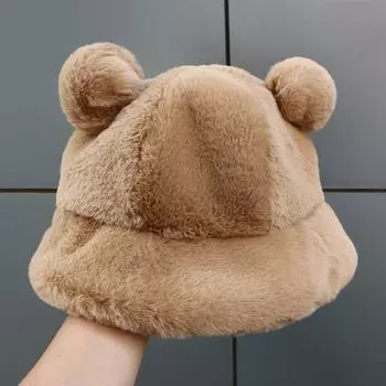 Warm Winter Bucket Hat Bear Ears Wool Cap Fashion Basin Hat Women