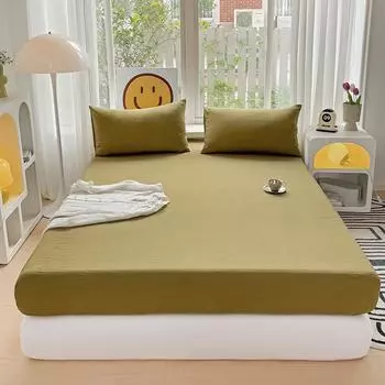 Washed Cotton Fitted Sheet with Elastic Bands Non Slip Adjustable Mattress Cover for Double King Queen Bed 90x200 150x200 180 1pc 90x200cm