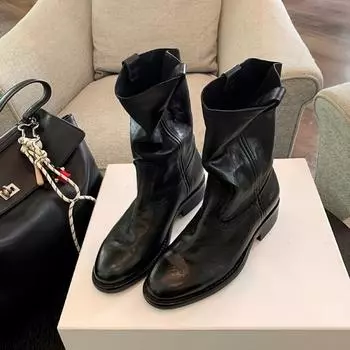 Washed cowhide~ Genuine leather retro V-mouth western boots thick heel short boots women s medium tube desert boots 35
