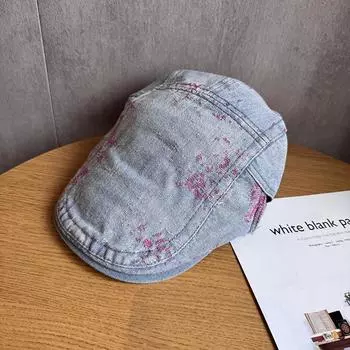 Washed Denim Retro Beret With Pattern Design For Womens Daily Outing Casual