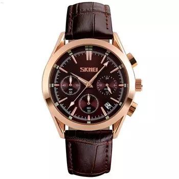 Watch Brown Leather Strap Arm Watch Chronograph Waterproof Brand Analog Business Stylish Casual Luminous Watch Luxury Day Gift Watches for Men SKMEI