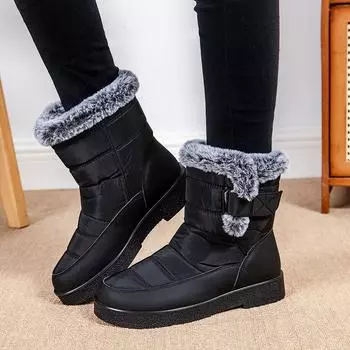 Waterproof Snow Boots for Women Winter Faux Fur Non-Slip Plush Ankle Boots Woman Hook Loop Outdoor Warm Cotton-Padded Shoes 36 чёрный
