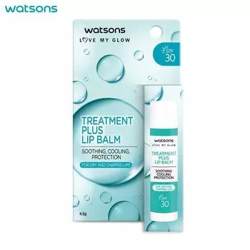Watsons Love My Glow Treatment Plus Бальзам для губ SPF30, успокаивает, охлаждает, защищает, для сухих и потрескавшихся губ, 96% экологически чистого пальмового масла, 4,5 г. 4.5 g.